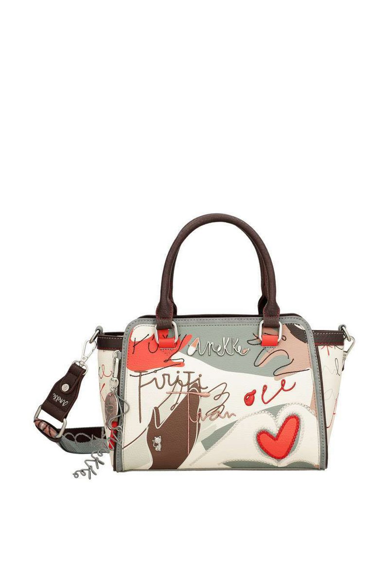 Bunte handtasche mit einer Kombination aus Creme, Grau und roten Akzenten. Verfügt über verspielten Text und Herzmotive, doppelte Griffe und einen abnehmbaren Schultergurt.