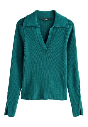 Maglione a maniche lunghe in maglia coste verde acqua con scollo a V profondo e colletto ampio, con spacchi laterali sulle maniche aderenti.