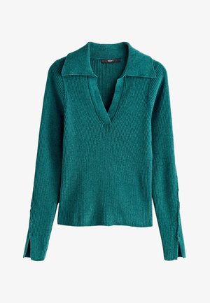 Türkiissinine soonikkoes pikkade varrukatega kampsun, millel on sügav V-kaelus ja lai krae ning külgedel lõhikud tihedalt istuvatel varrukatel.