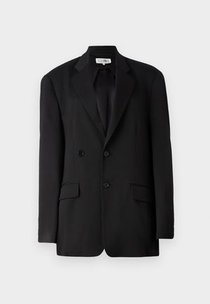 Blazer doppiopetto nero realizzato in tessuto liscio. Presenta rever a lanci, due tasche frontali e due bottoni neri per la chiusura.