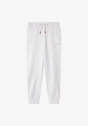 Svetlošedé tepláky z mäkkého materiálu, s elastickým pásom na šnúrku, dvoma bočnými vreckami a rebrovanými manžetami. Červené logo "HACKETT".