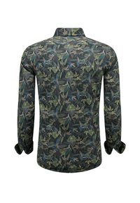 Lange mouw button-up shirt in donkere stof met een groen en blauw bladenpatroon, met een standaard kraag en contrasterende knoopmanchetten.