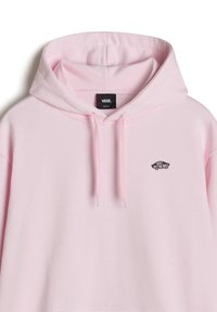 Helle rosa Kapuzenpullover aus weichem Stoff mit einem Logo-Patch auf der Vorderseite. Er hat eine klassische Passform und verstellbare Zugbänder.