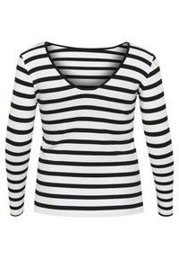 Haut à manches longues avec un col en V, fabriqué en tissu lisse, présentant des rayures horizontales alternées noires et blanches.