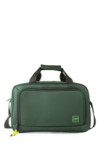 Bolsa de viaje de tela verde con superficie texturizada, asas superiores, correa de hombro ajustable, bolsillo con cremallera y un tirador de cremallera acentuado en amarillo.