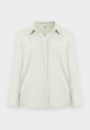 Világoszöld, vékony függőleges tengerészkék csíkos, hosszú ujjú, hegyes galléros ing, semleges háttéren kifektetve.