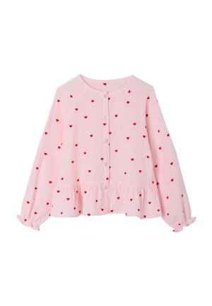 Hellrosa Langarmbluse mit kleinen roten Herzmustern, Knopfleiste vorne, gerafftem Saum und elastischen Bündchen.