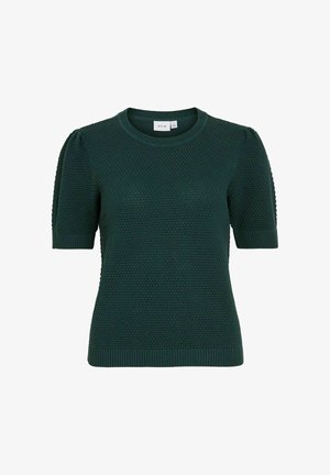 Tamnozelena pletena majica s kratkim rukavima i okruglim izrezom, koja ima teksturirani materijal i rebraste rubove. Rukavi s volanima dodaju suptilan detalj.