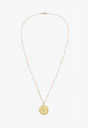 Gouden halsketting met een ronde hanger met ingewikkelde zonachtige patronen, hangend aan een dunne ketting met kleine, gelijkmatig verdeelde kralen.