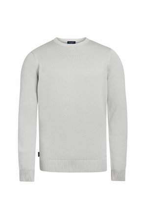 Pull en maille gris clair avec un col rond, des manches longues et des poignets et un ourlet côtelés. Texture lisse et design minimal, sans motifs ni accessoires.