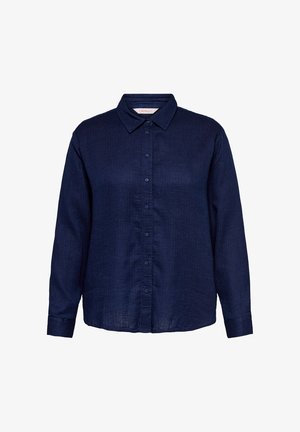 Camicia blu scuro a maniche lunghe con bottoni, colletto e polsini, realizzata in tessuto leggero e strutturato.