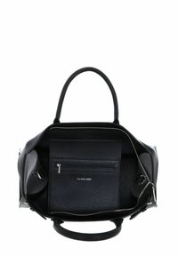 Sac à main en cuir noir avec fermeture éclair, deux poignées et une poche intérieure. Surface texturée et détails en métal argenté.