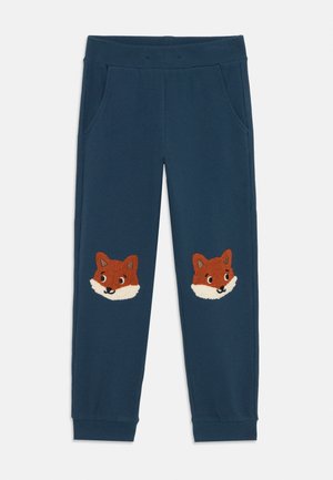 Navyblauwe katoenmix broek met een gestructureerd oppervlak, featuring twee aangebrachte vosgezichten aan de voorkant. Elastische tailleband en zijzakken.