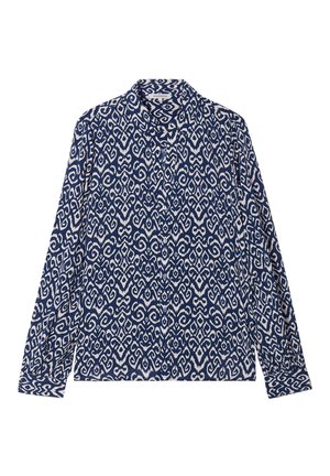 Camicia a bottoni con fantasia blu navy e bianca, caratterizzata da colletto, maniche lunghe e un motivo vorticoso sulla stoffa.