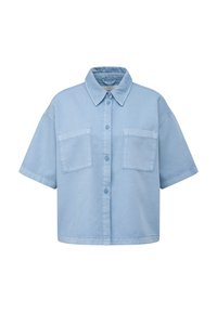 Light blue short-sleeved button-up shirt made of denim. Features two front pockets, a standard collar, and a relaxed fit.