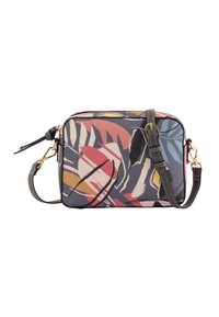 Crossbody taske med et blomstermotiv i pink, gul og blå på en mørk baggrund. Blødt materiale med en sort rem og guldfarvet metaldele.