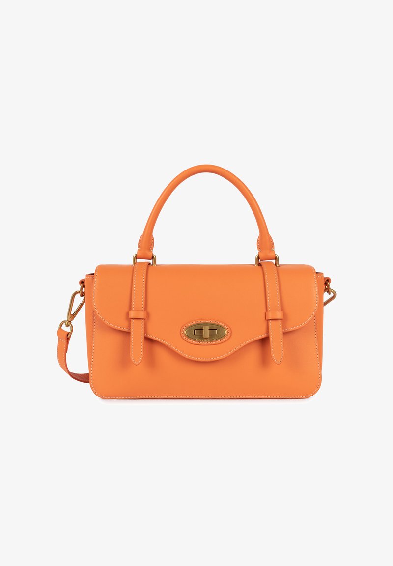 Oranje leren handtas met een bovenhandvat, afneembare schouderriem, klep sluiting, gouden hardware en gestikte details op de randen.