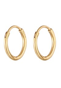 Guldbelagte hoop øreringe med et glat, afrundet design og en sikker lukning. Hver ørering har en skinnende, reflekterende overflade.