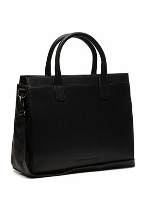 Borsa a tracolla nera in pelle con due manici superiori, una tracolla rimovibile e un design elegante e strutturato. Texture liscia e dettagli minimi.