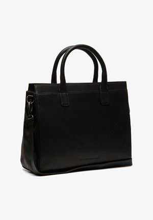 Schwarze Leder-Tote mit zwei oberen Griffen, einem abnehmbaren Schultergurt und einem eleganten, strukturierten Design. Glatte Textur und minimale Details.