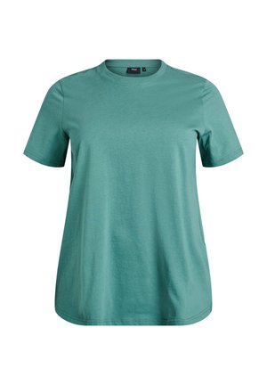 Turkoois katoenen T-shirt met korte mouwen, een ronde halslijn en een ontspannen pasvorm. Gladde textuur zonder zichtbare patronen of accenten.