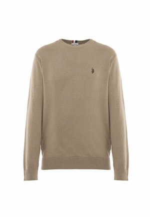 Maglione lavorato a maglia beige con scollatura rotonda, maniche lunghe, polsini e orlo a costine. Presenta un piccolo logo ricamato scuro sul petto.