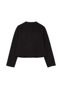 Giacca nera a maniche lunghe cropped con una cucitura dritta sulla parte superiore della schiena e una cucitura centrale sul retro, vista da dietro.