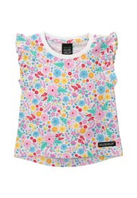 T-shirt z organicznej bawełny z krótkimi falbaniastymi rękawami. Posiada wielokolorowy kwiatowy wzór na jasnoróżowym tle. Metka z boku.