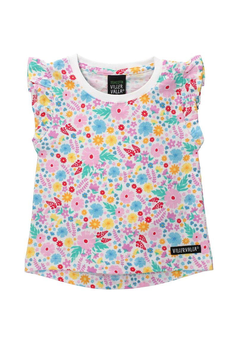 T-shirt z organicznej bawełny z krótkimi falbaniastymi rękawami. Posiada wielokolorowy kwiatowy wzór na jasnoróżowym tle. Metka z boku.