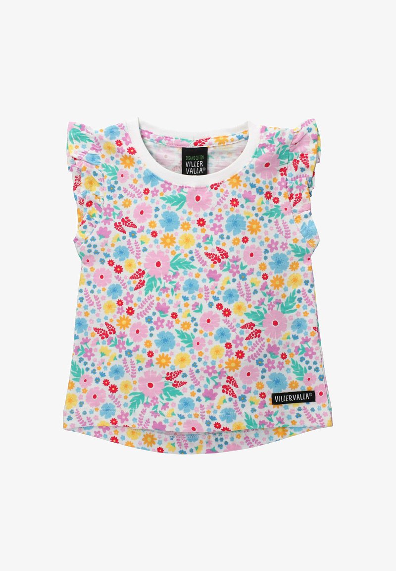 T-shirt en coton biologique avec des manches courtes à volants. Présente un motif floral multicolore sur un fond rose clair. Étiquette sur le côté.