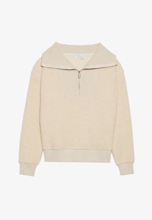 Sudadera de poliéster beige con cuello con cremallera y acentos acanalados. Presenta una superficie texturizada y un corte relajado, ideal para un look casual.