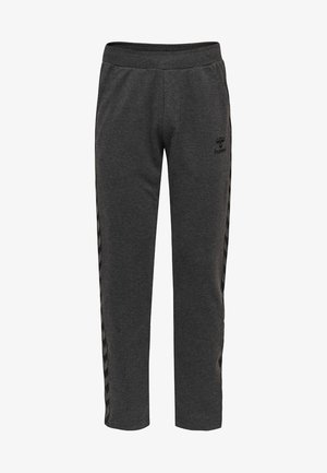 Dunkelgraue Sporthose mit elastischem Bund, Seitentaschen und schwarzen Chevron-Streifen an den Beinen.