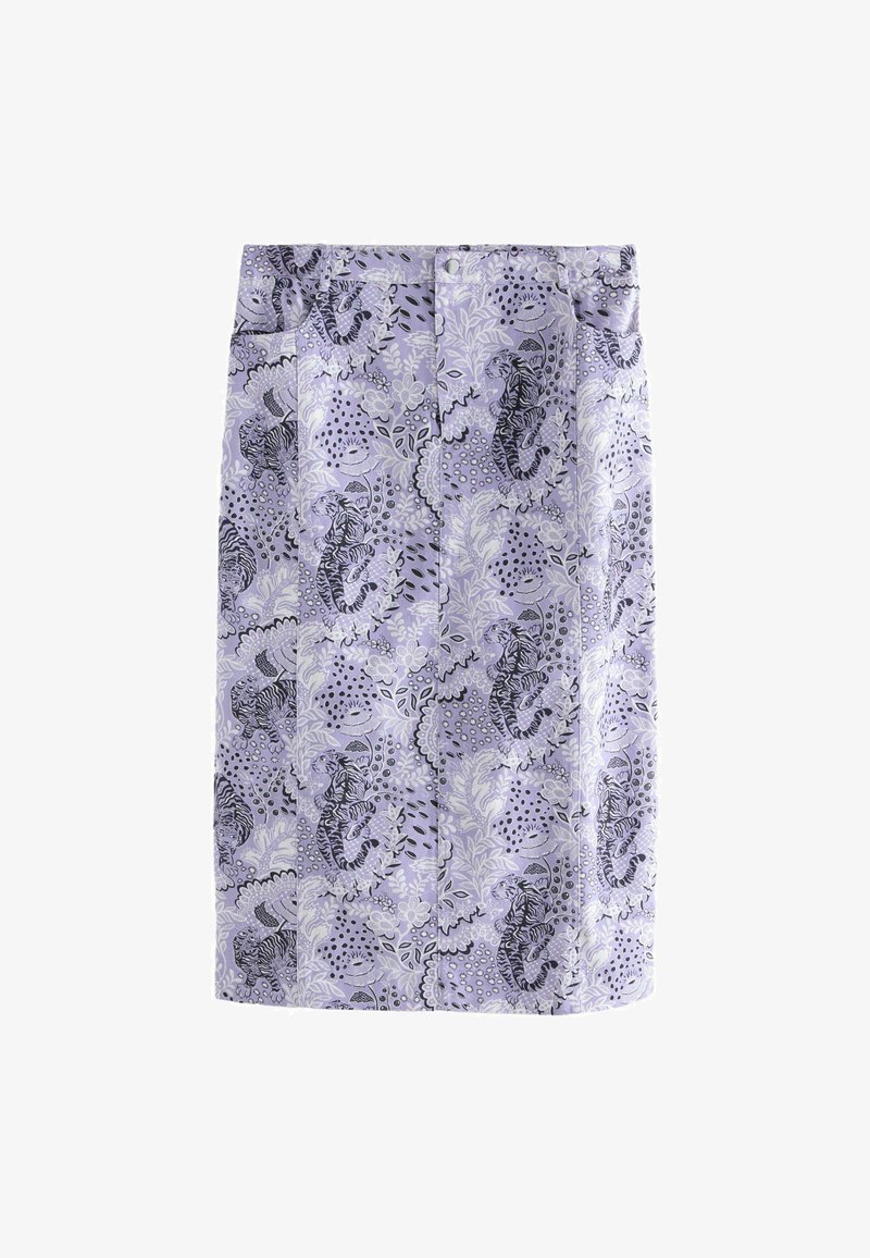 Lillā krekla garuma svārki ar izsmeļošu melnā tīģera un ziedu rakstu, priekšējā pogu un rāvējslēdzēja aizdare, kā arī jostas cilpiņas.