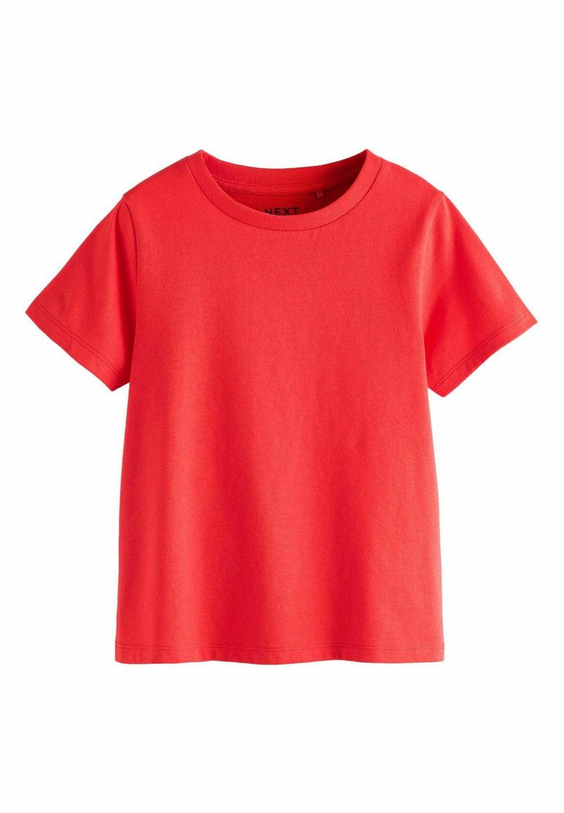 T-shirt rossa in cotone con maniche corte e scollatura a girocollo, caratterizzata da una texture liscia e un design semplice e classico.