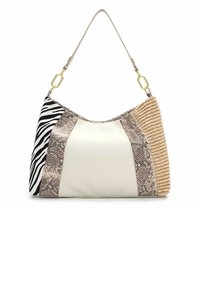 Borsa a spalla in stile hobo con una combinazione di materiali: tessuto a righe bianche e nere, stampa serpente beige, pelle color crema e dettagli intrecciati in tonalità marrone chiaro. Ferramenta dorata.