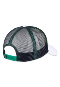 Netback caps med en buet hvid skygge. Har mørkeblåt net, grønne detaljer og en snapback-lukning. Tynde lodrette striber på nettet.