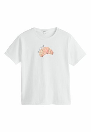 White short-sleeve T-shirt with a printed watercolor croissant and the text "sweet tooth" above it on the chest.