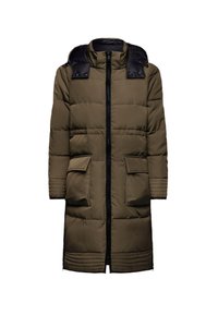 Vadderad jacka i olivgrönt med dragkedja, marinblå huva, två framfickor och ribbade detaljer vid muddarna och fållen.