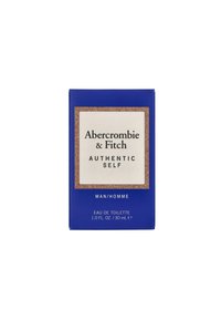 Blue box featuring a white square label with embossed text. Contains "Abercrombie & Fitch," "Authentic Self," and "Eau de Toilette 30 mL."