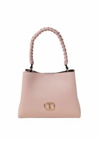 Roze leren handtas met een gestructureerde afwerking, voorzien van een gevlochten handvat en een gouden hardware accent op de voorkant.