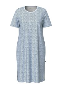 Vestido de manga corta a la rodilla con patrón abstracto en azul claro y blanco y aperturas laterales.