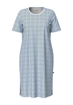 Knee-lengte jurk met korte mouwen, lichtblauw-wit abstract patroon en zijsplitsingen.