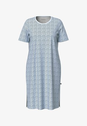 Šaty s krátkým rukávem sahající ke kolenům, s abstraktním vzorem v pastelově modré a bílé barvě a bočními rozparky.