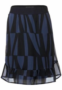 Granatowa i czarna spódnica z warstwowym, falbaniastym dołem oraz abstrakcyjnymi wzorami geometrycznymi. Wykonana z lekkiego, przejrzystego materiału.