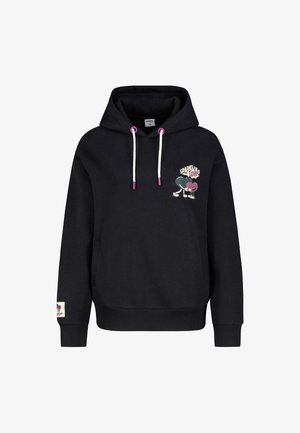 Black hoodie made of cotton blend, featuring white drawstrings with pink accents, front pocket, and a colorful graphic that reads "SPARKLING LOVE."