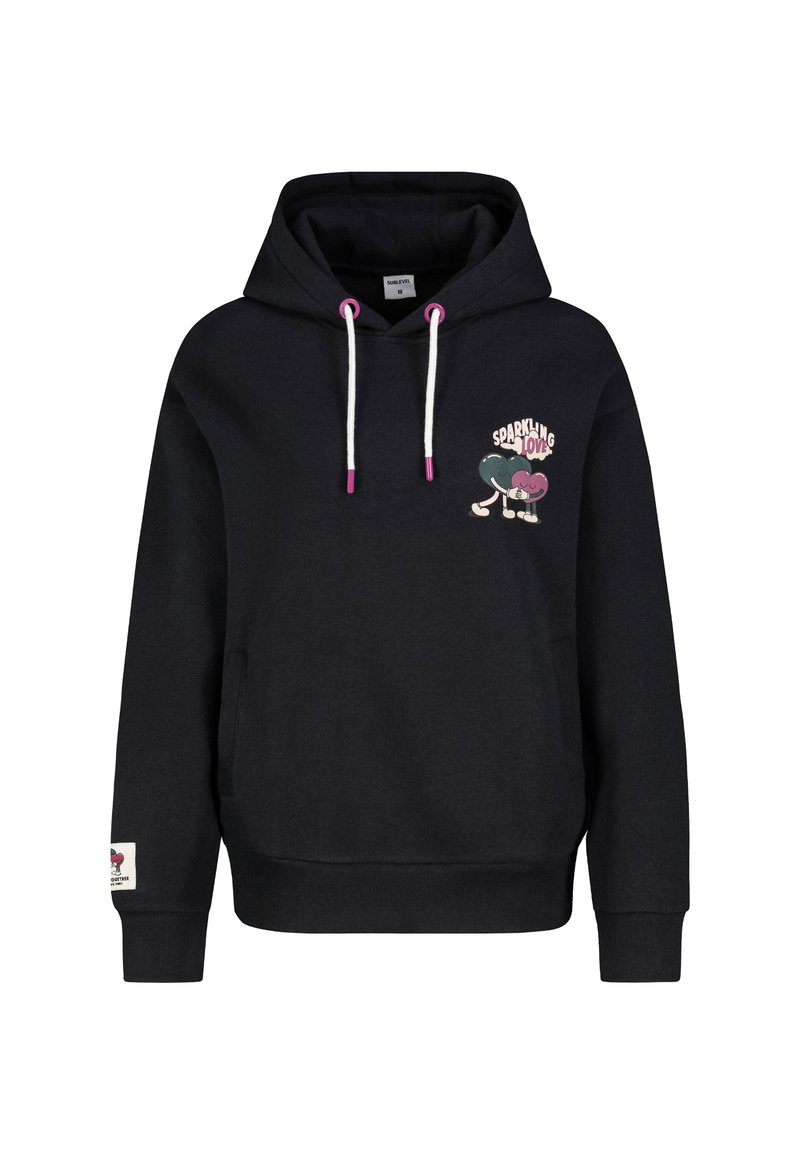 Zwarte hoodie van een katoenmix, met witte trekkoorden met roze accenten, een voorzak en een kleurrijke grafiek met de tekst "SPARKLING LOVE."