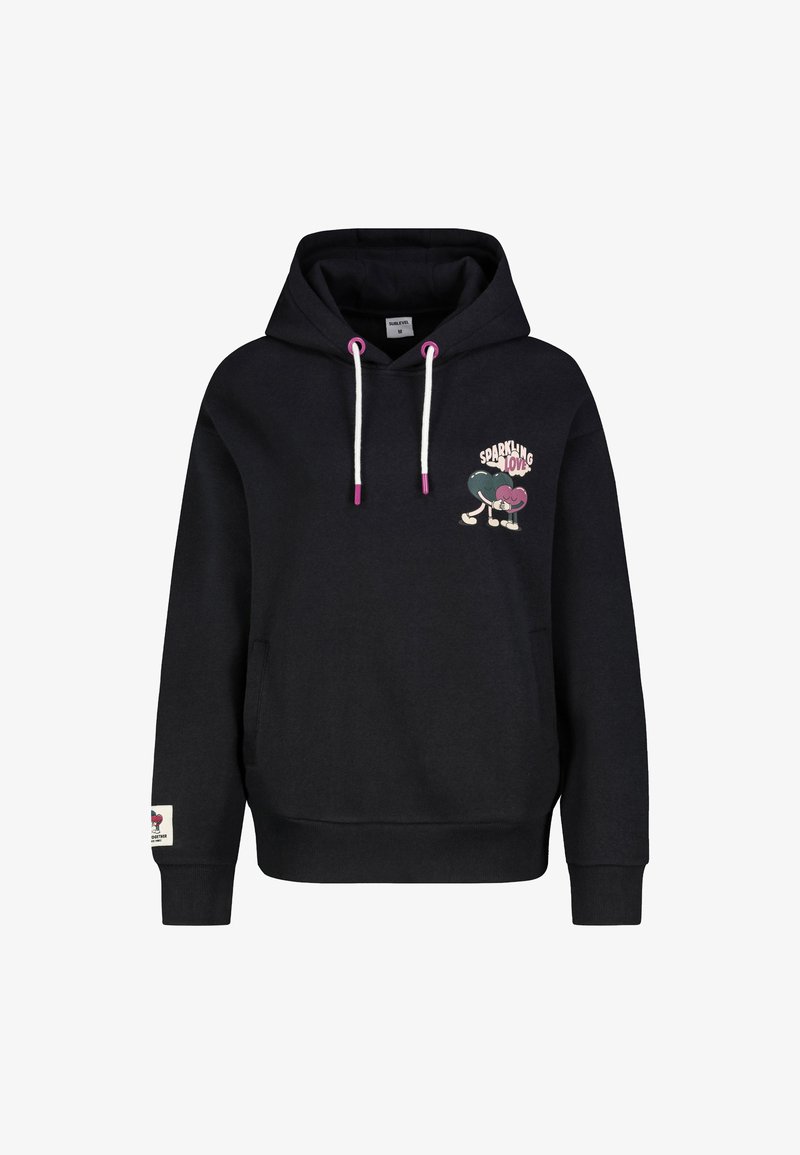Schwarzer Hoodie aus Baumwollmischung, mit weißen Kordeln und rosa Akzenten, einer Fronttasche und einem bunten Grafikdruck mit der Aufschrift "SPARKLING LOVE."