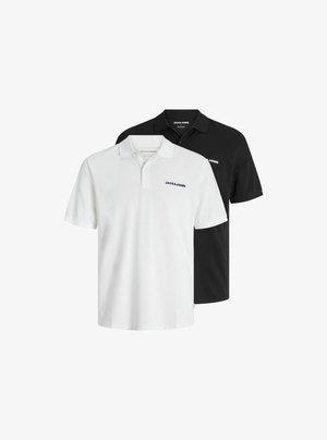 Deux polos à manches courtes en noir et blanc, fabriqués en coton avec une finition texturée subtile ; dotés d'un col et d'un accent de logo.