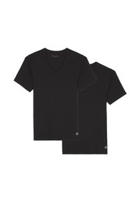Zwarte v-hals t-shirts met korte mouwen, een gladde textuur en een klein logo aan de linkerbovenrand. Twee shirts weergegeven.