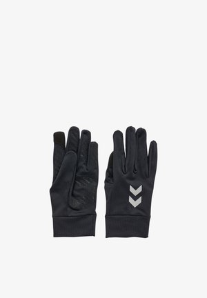 Zwarte handschoenen met getextureerde zwarte patronen op de achterkant, gladde stof op de palm en grijze chevronaccenten op de pols.